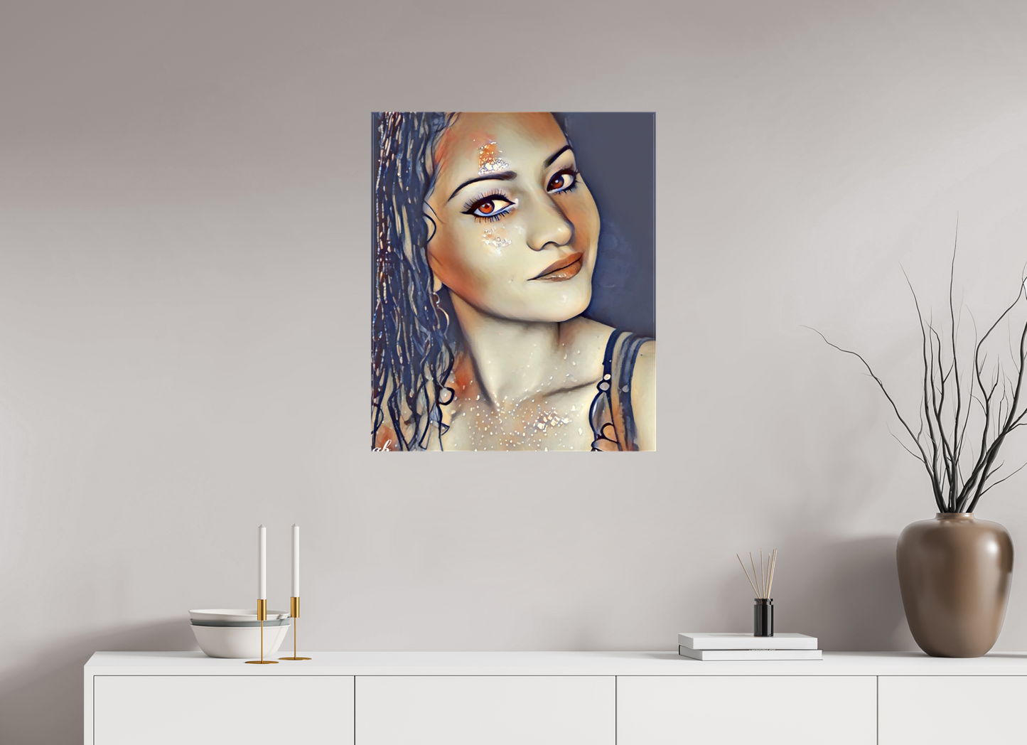 60 x 71,7 cm, Toile brillante Regard Étoilé – Portrait Onirique