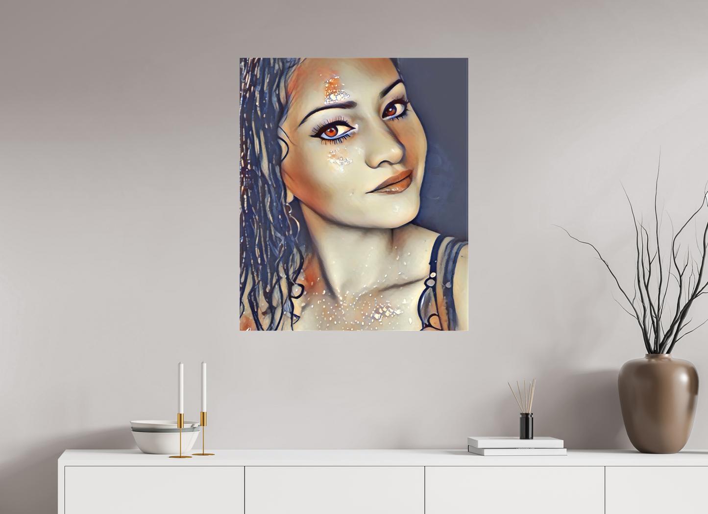 70 x 83,7 cm, Toile matte Regard Étoilé – Portrait Onirique