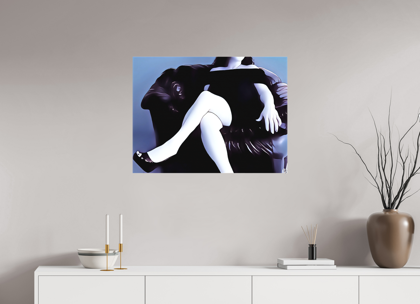 80 x 60 cm, Sublimation textile Assise sur le Mystère – Élégance et Glamour